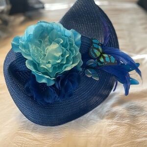 Kentucky Derby Elegant Blue Fascinator with Floral Accents and butterflies